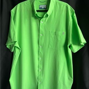 Huk Performance Fishing Shirt Neon Green Short Sleeve Button Down Stretch Angler